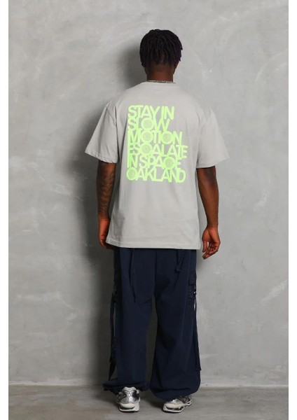 Unisex Oversize Baskılı Bisiklet Yaka T-Shirt - Gri fırsatları