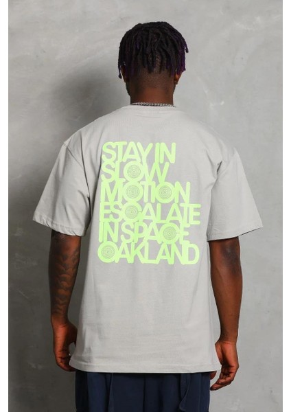 Unisex Oversize Baskılı Bisiklet Yaka T-Shirt - Gri indirimleri