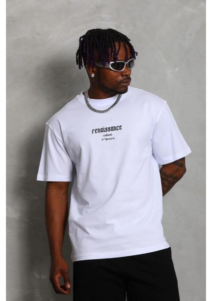 Unisex Oversize Baskılı Bisiklet Yaka T-Shirt - Beyaz fiyatları