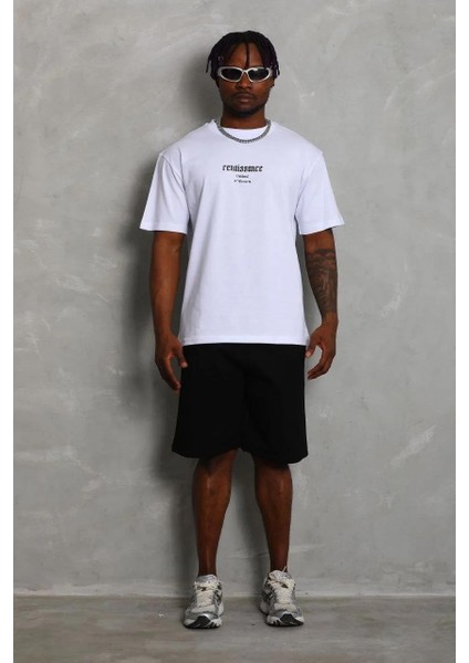 Unisex Oversize Baskılı Bisiklet Yaka T-Shirt - Beyaz modelleri