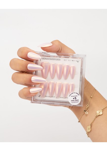 15'li Pembe Uzun Badem TT1445 Tekrar Kullanılabilir El Yapımı Protez Takma Tırnak - Pembe-XS