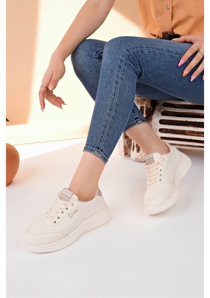 Yexo Premium Süper Ortopedik Bağcıklı Bej Kadın Sneaker