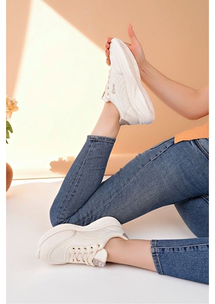 Yexo Premium Süper Ortopedik Bağcıklı Bej Kadın Sneaker modelleri