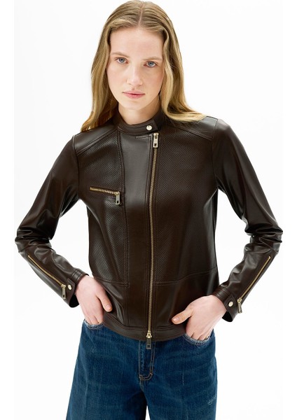 Kadın Kahve Perfore Detaylı Deri Ceket