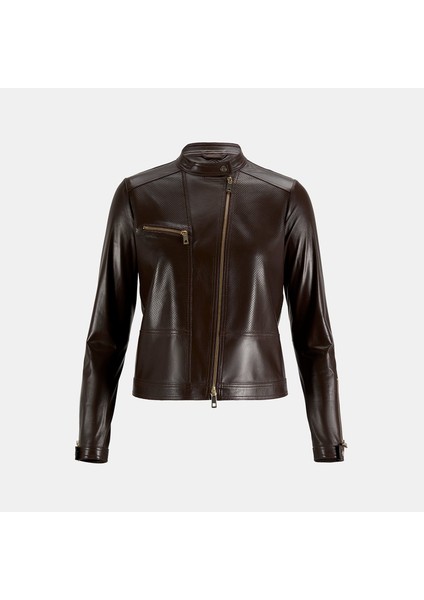 Kadın Kahve Perfore Detaylı Deri Ceket modelleri