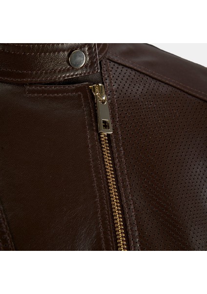 Kadın Kahve Perfore Detaylı Deri Ceket