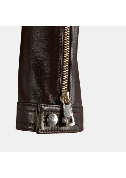 Kadın Kahve Perfore Detaylı Deri Ceket