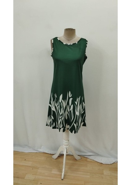 Kadın Askılı Yuvarlak Yakalı Yaprak Desenli Dalgıç Elbise