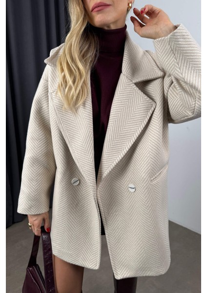 Taş Rengi Balık Sırtı Astarlı Oversize Kaşe Kaban