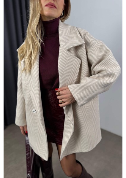 Taş Rengi Balık Sırtı Astarlı Oversize Kaşe Kaban fırsatları