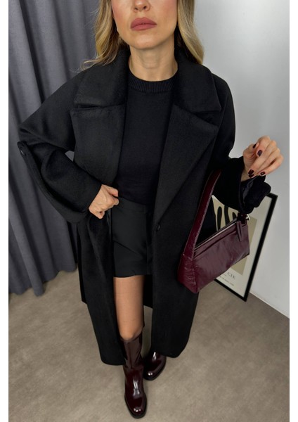 Siyah Kuşaklı Astarlı Oversize Kol Detay Kaban fiyatları