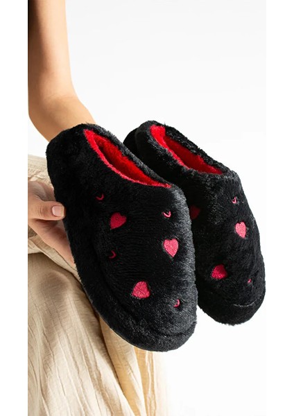 Love Kalp Desenli Peluş Içi Tüylü Kaydırmaz Taban Rahat Pofuduk Çeyiz Bohça Misafir Kadın Ev Terliği