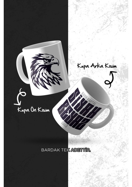 Siyah Beyaz Kartal Tasarımlı Taraftar Baskılı Porselen Kupa Bardak