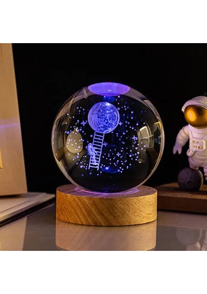 Dekoratif Merdivenli Astronot ve Ay Tasarımlı Işıklı Cam Küre