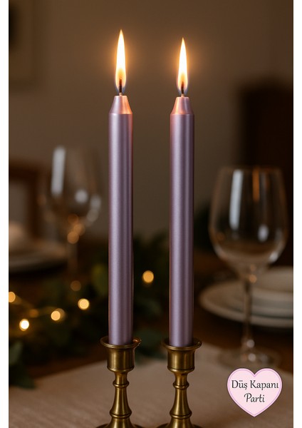 Romantik Dekorasyon Mum Seti – Parlak Metalik Şamdan Mumları (2’li Paket)