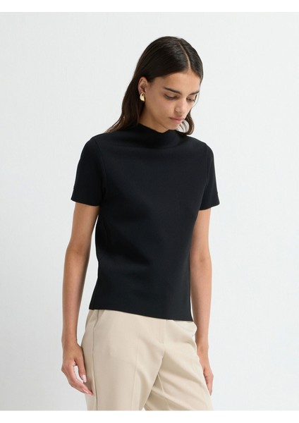 Boğazlı Kısa Kol Triko Bluz Siyah 11544535001 fırsatları