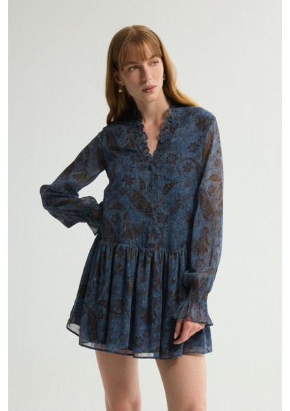 Uzun Kollu Desenli Mini Elbise Emp.lacivert 124L9664000