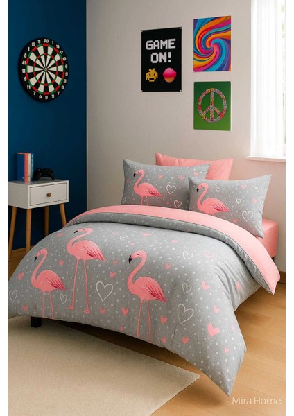 Flamingo Desenli Pamuklu Tek Kişilik Nevresim Takımı