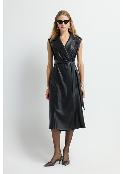 Deri Kruvaze Elbise Siyah 12445570000