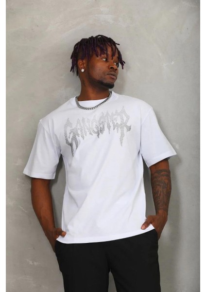 Unisex Oversize Taşlı Bisiklet Yaka T-Shirt - Beyaz