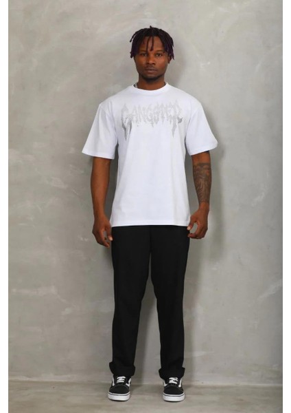 Unisex Oversize Taşlı Bisiklet Yaka T-Shirt - Beyaz indirimleri