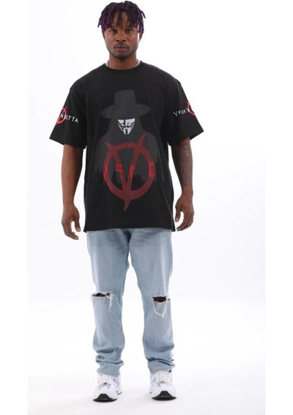 Unisex Oversize Baskılı Bisiklet Yaka T-Shirt - Siyah