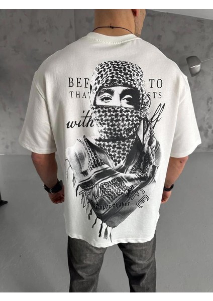 Unisex Baskılı Oversize T-Shirt - Beyaz