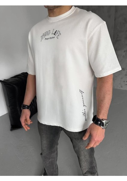 Unisex Baskılı Oversize T-Shirt - Beyaz modelleri