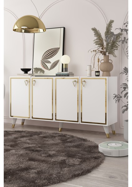 8204-1CT KB150 Konsol, Tv Ünitesi Beyaz-Altın