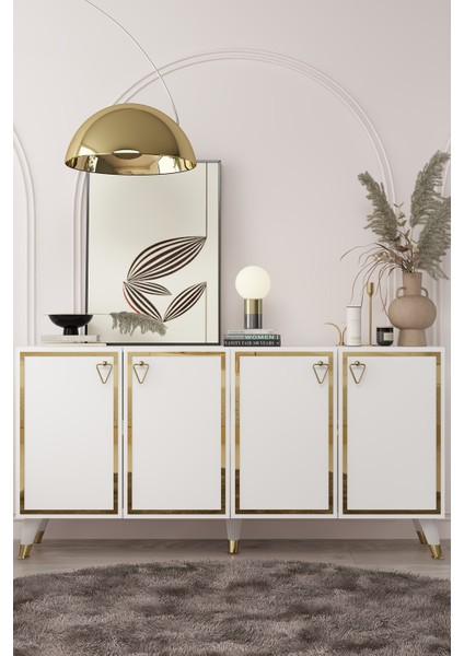 8204-1CT KB150 Konsol, Tv Ünitesi Beyaz-Altın