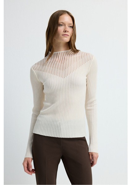 Şeffaf Örgülü Triko Kazak Ekru 13945302000 fırsatları