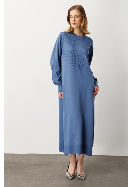 Yaprak Desenli Uzun Triko Elbise-Indigo fiyatları