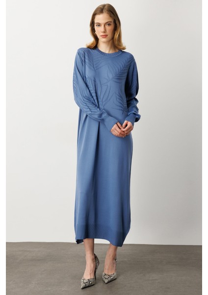 Yaprak Desenli Uzun Triko Elbise-Indigo modelleri