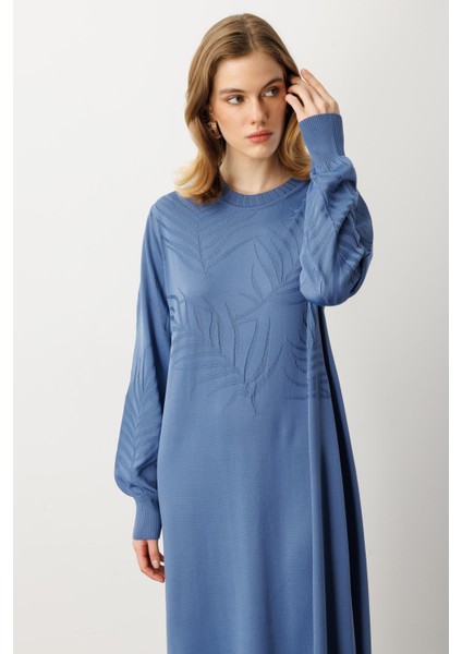 Yaprak Desenli Uzun Triko Elbise-Indigo indirimleri