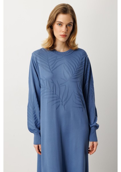 Yaprak Desenli Uzun Triko Elbise-Indigo