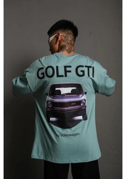 Erkek Oversize Baskılı Tişört – Golf Gtı Retro Araba Desenli, Ön & Arka Dijital Baskı, Sokak Modası Stil - Mint Yeşili