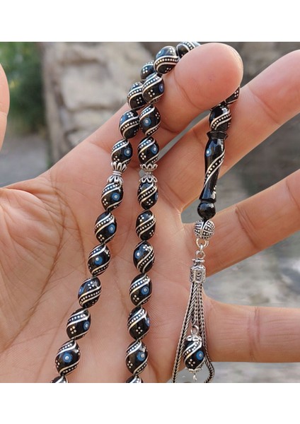 925 Ayar Gümüş Püsküllü Özel Tasarım Firuze ve Karpuz Işlemeli Erzurum Oltu Taşı Tesbih