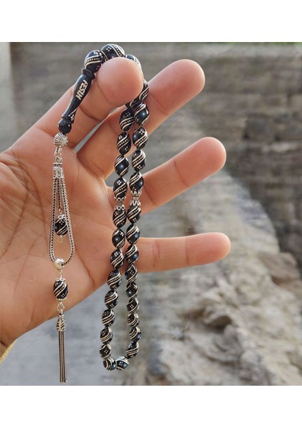 925 Ayar Gümüş Püsküllü Özel Tasarım Firuze ve Karpuz Işlemeli Erzurum Oltu Taşı Tesbih fiyatları