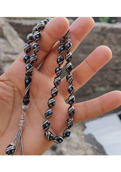 925 Ayar Gümüş Püsküllü Özel Tasarım Firuze ve Karpuz Işlemeli Erzurum Oltu Taşı Tesbih modelleri