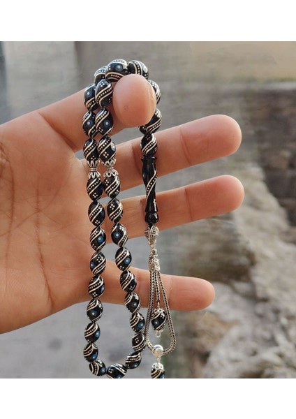 925 Ayar Gümüş Püsküllü Özel Tasarım Firuze ve Karpuz Işlemeli Erzurum Oltu Taşı Tesbih fırsatları