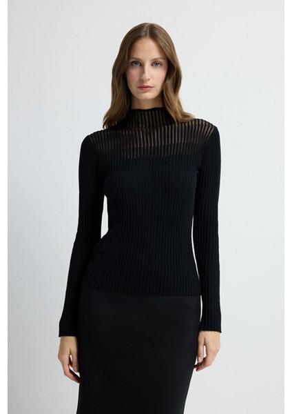 Şeffaf Örgülü Triko Kazak Siyah 13945302000