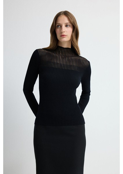 Şeffaf Örgülü Triko Kazak Siyah 13945302000 fırsatları