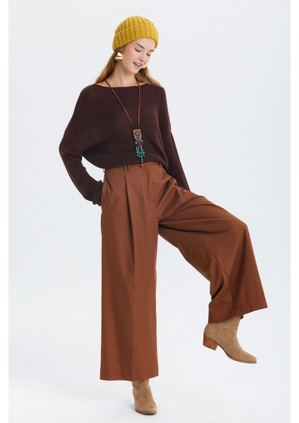 Pilili Loose Fit Kumaş Pantolon Kahverengi