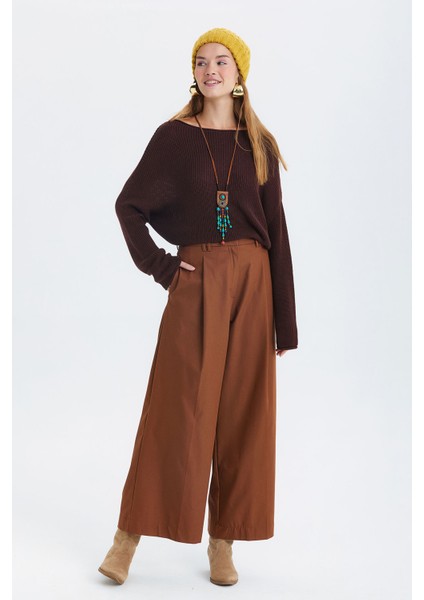 Pilili Loose Fit Kumaş Pantolon Kahverengi modelleri