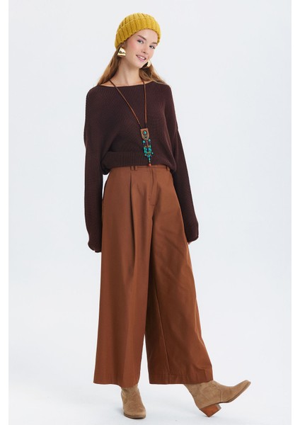 Pilili Loose Fit Kumaş Pantolon Kahverengi fırsatları