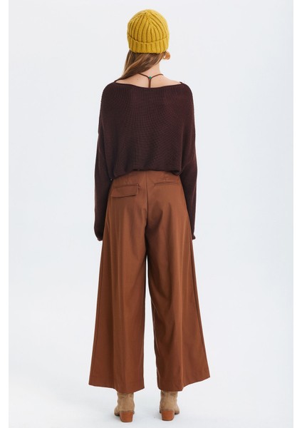 Pilili Loose Fit Kumaş Pantolon Kahverengi indirimleri