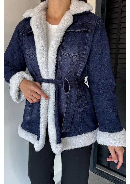 Kadın Bel Kuşaklı Içi Peluş Jean Kot Ceket P-00018968