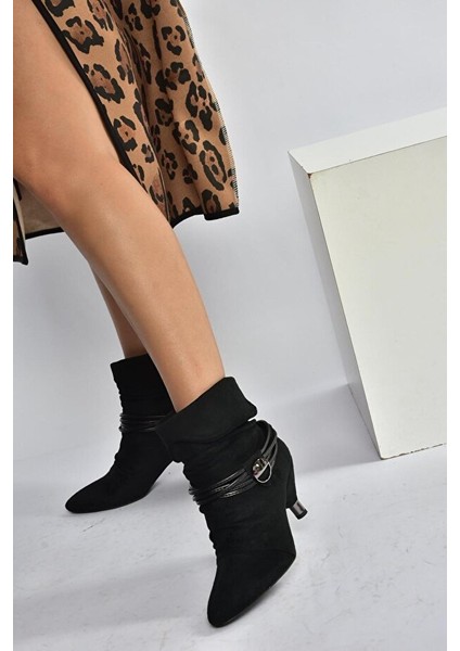 Pine Cone K223 Kadın Süet Topuklu Biye Kemerli Çekme Bot Siyah modelleri