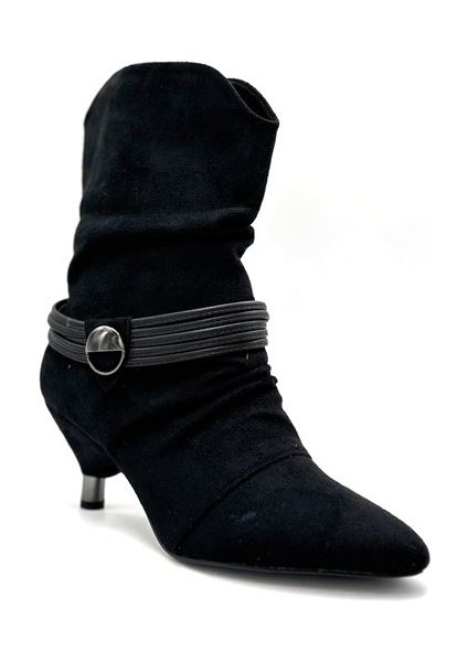 Pine Cone K223 Kadın Süet Topuklu Biye Kemerli Çekme Bot Siyah indirimleri
