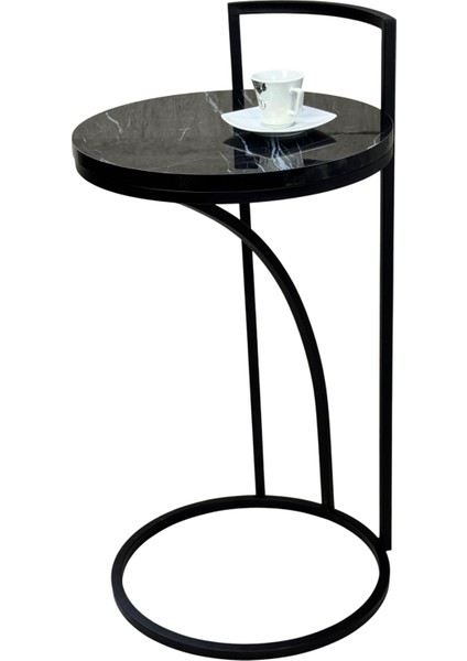 Vip Koltuk Içine Giren C Yan Sehpa Metal Iskelet Ahşap Siyah Mermer Desenli Tabla